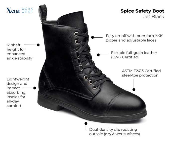 Xena Workwear XESPBL1 Women's Spice Safety Boot, Jet Black, Steel Toe, Side Zipper